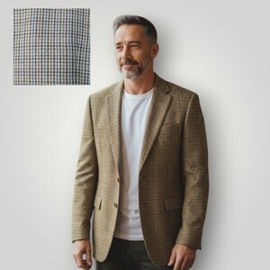 Chaps Men's 46L 100% Silk Blazer Tan Houndstooth Sport‎ Coat Luxury